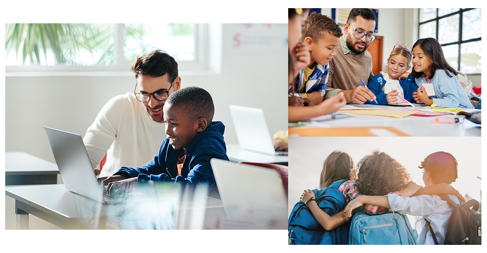 A photo collage of school-aged children learning in a classroom.