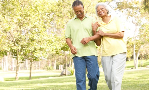 Elderly couple walking in the park.