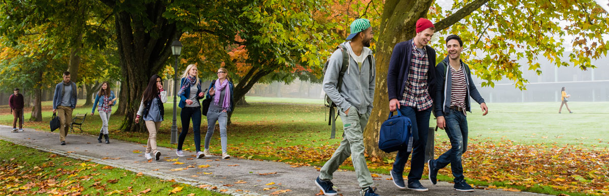 Students walking at college campus on beautiful Fall day.